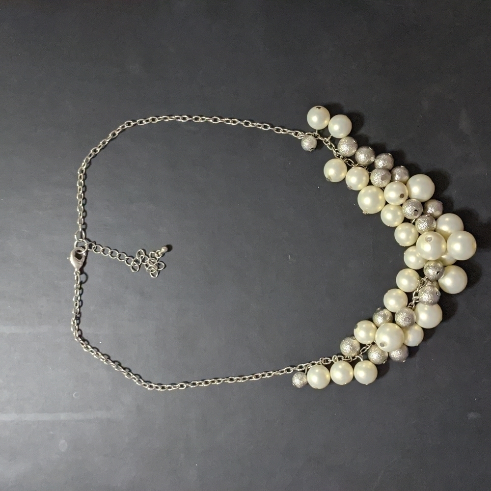 Silver Tone Cream Faux Pearl and Silver Bead Chunky Statement Necklace